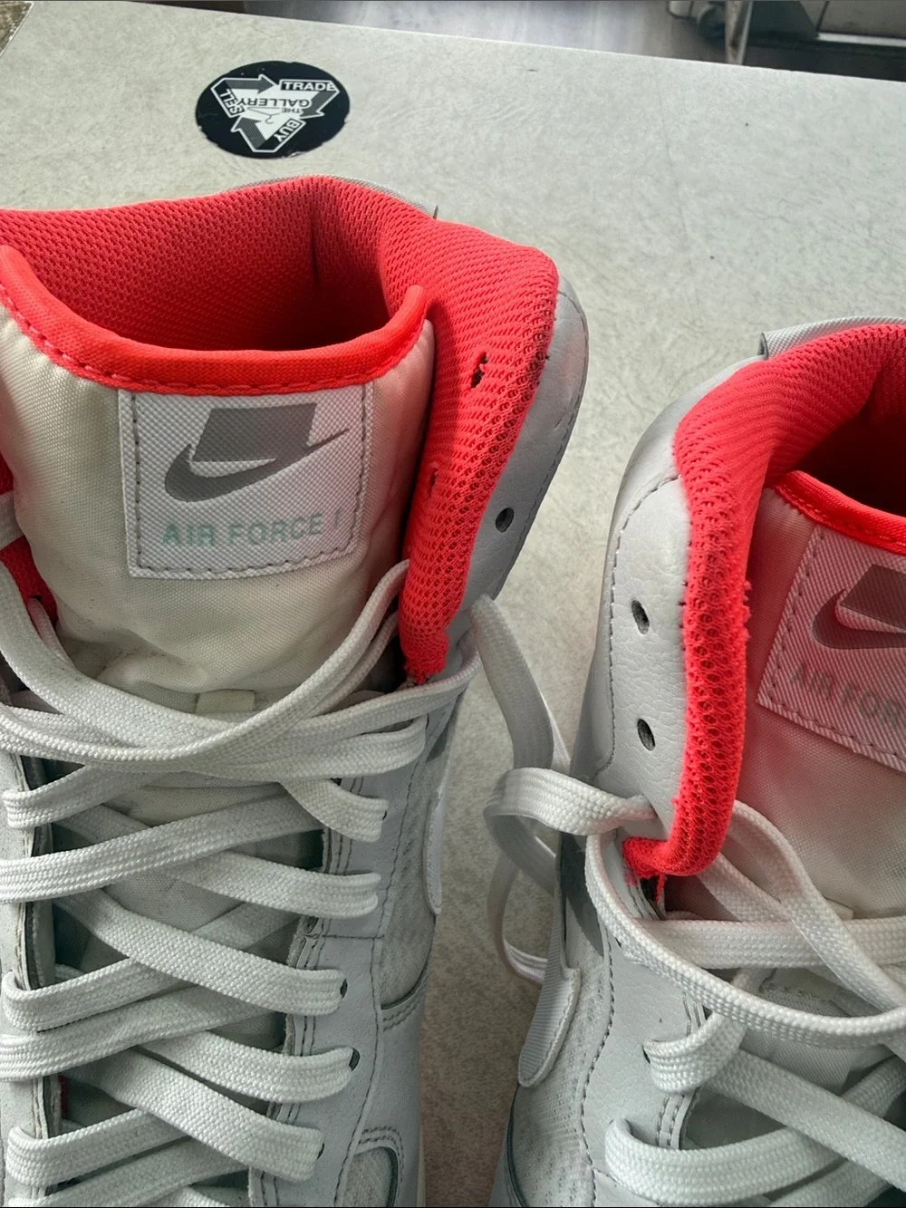 Nike High-Top Air Force 1 Sneakers in Light Gray and Bright Orange